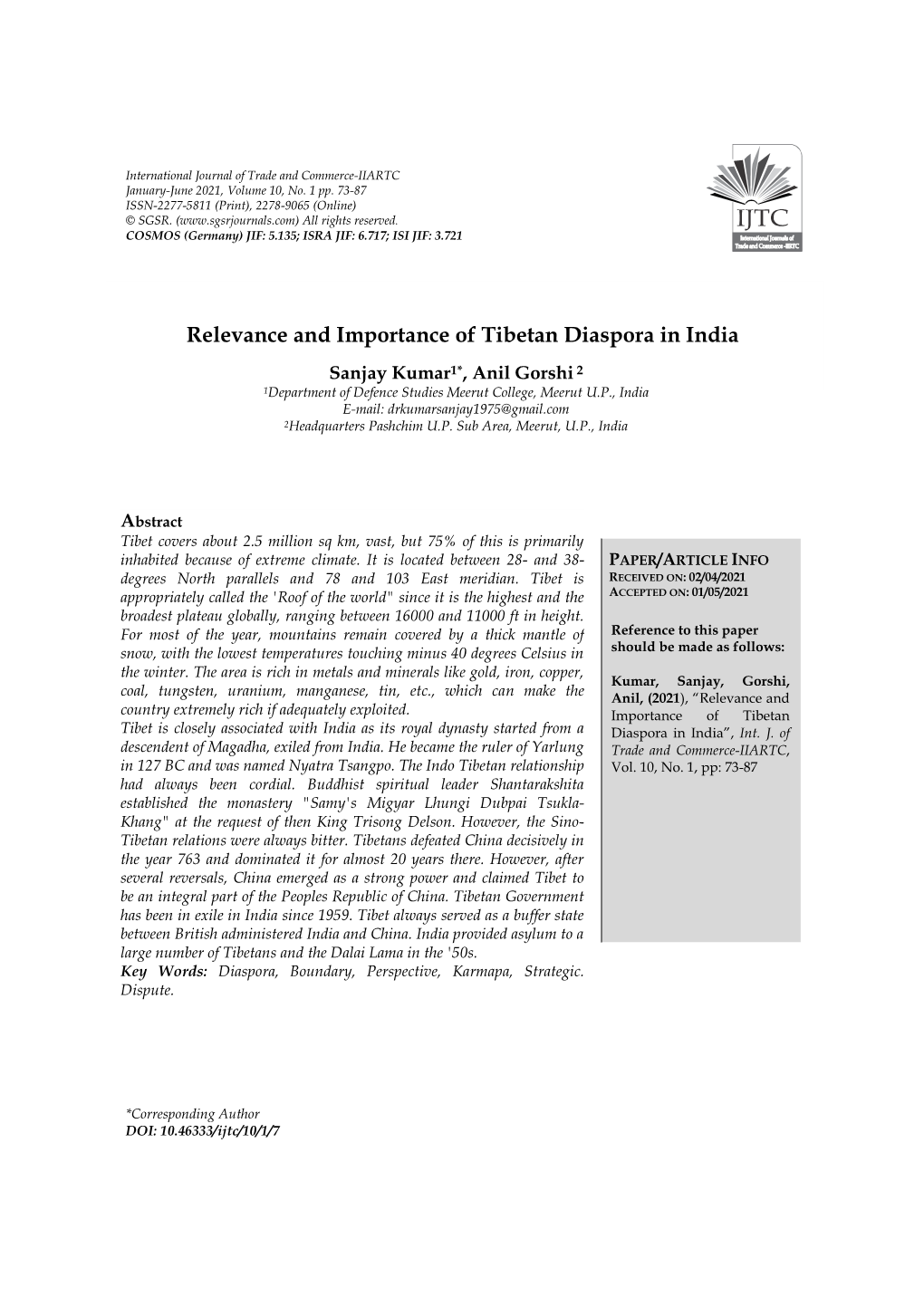 Relevance and Importance of Tibetan Diaspora in India