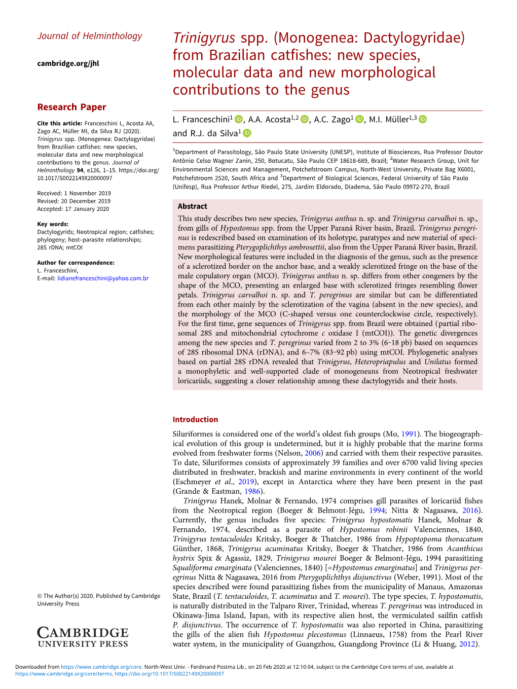 (Monogenea: Dactylogyridae) from Brazilian Catfishes