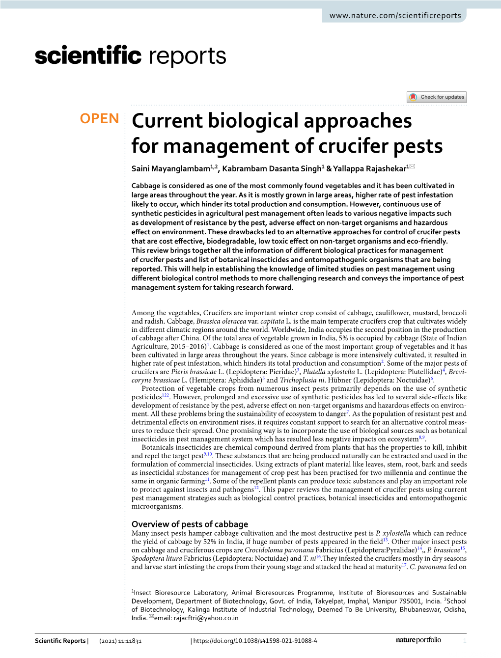 Current Biological Approaches for Management of Crucifer Pests Saini Mayanglambam1,2, Kabrambam Dasanta Singh1 & Yallappa Rajashekar1*
