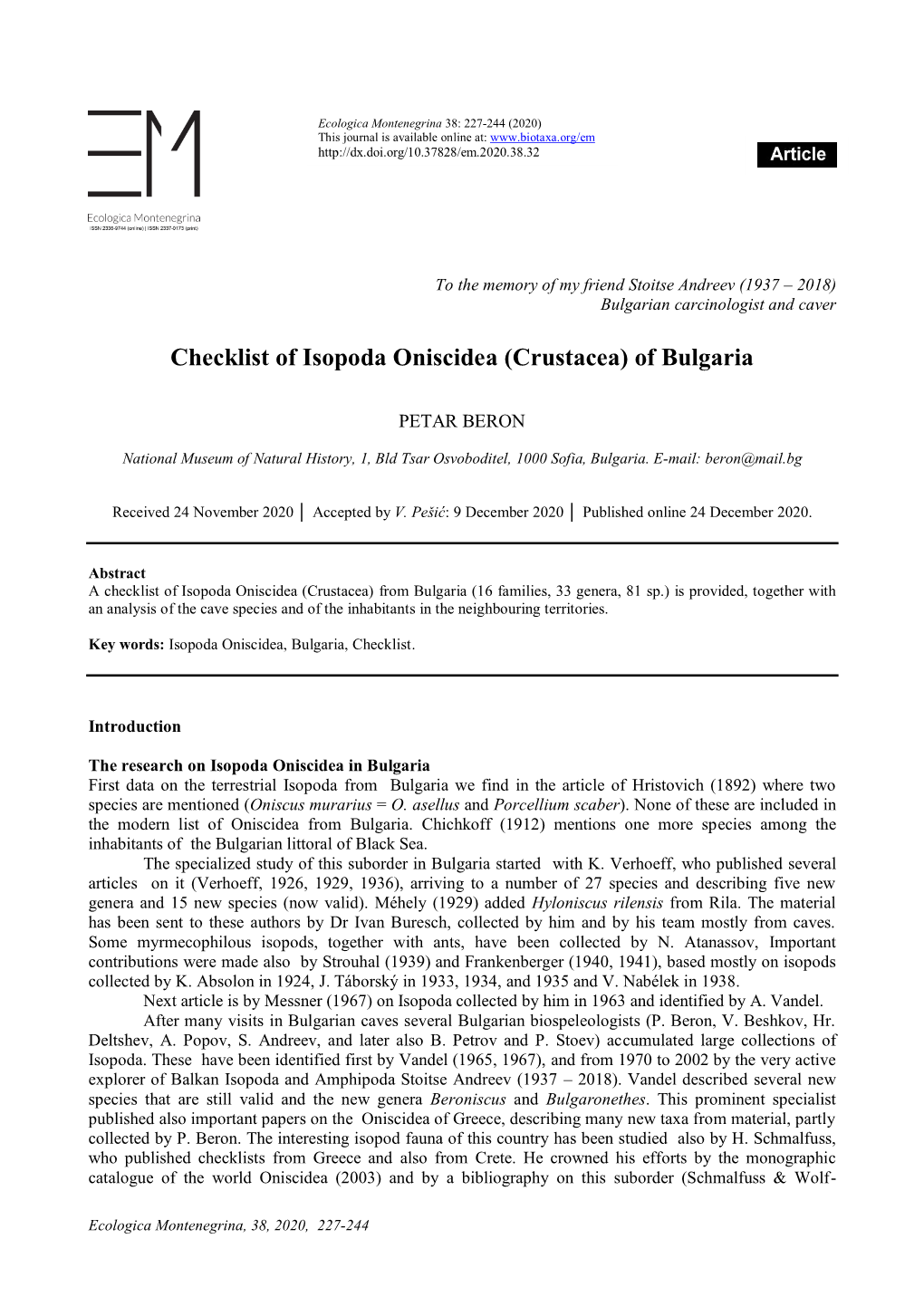 Checklist of Isopoda Oniscidea (Crustacea) of Bulgaria