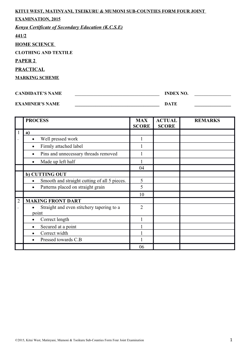 Kitui West, Matinyani, Tseikuru & Mumoni Sub-Counties Form Four Joint Examination, 2015