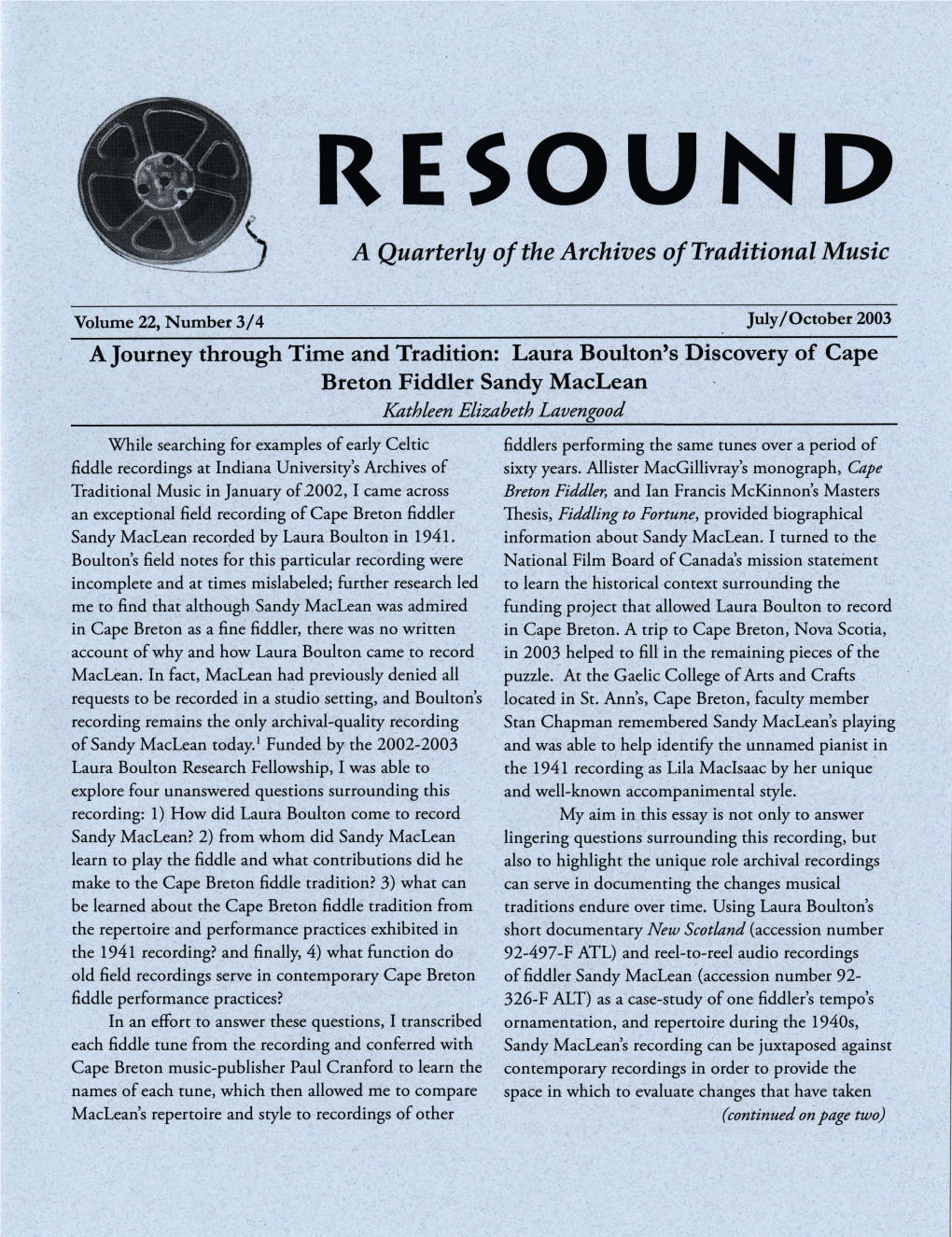 RESOUND a Quarterly of the Archives of Traditional Music