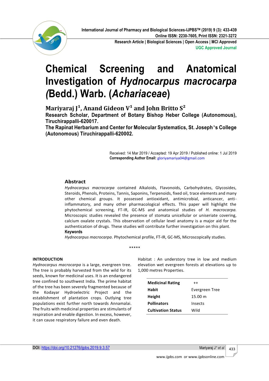Chemical Screening and Anatomical Investigation of Hydnocarpus Macrocarpa (Bedd.) Warb