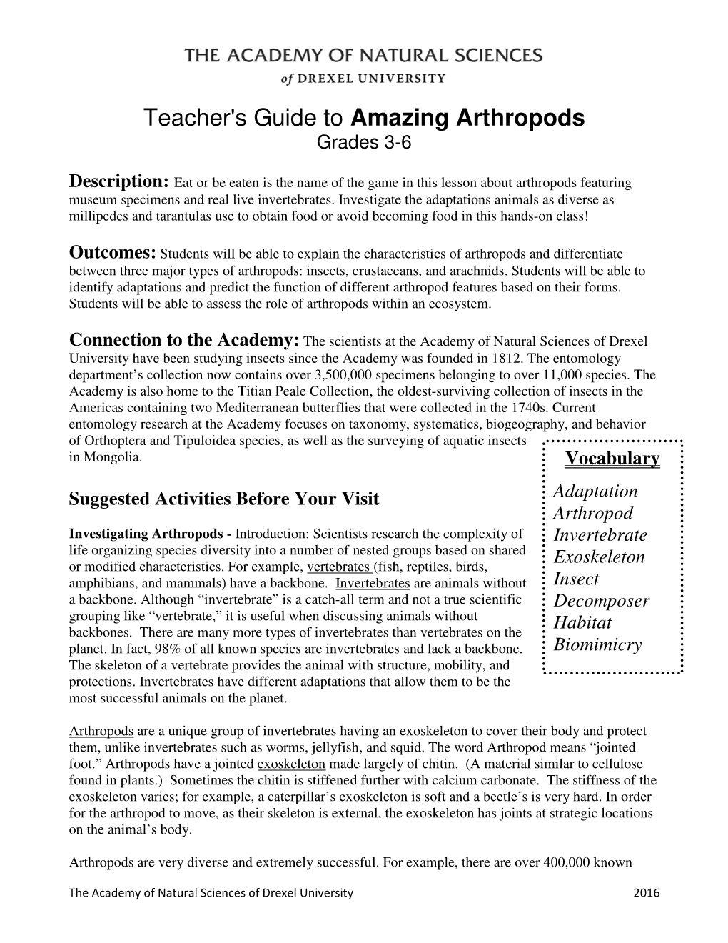 Teacher's Guide to Amazing Arthropods Grades 3-6