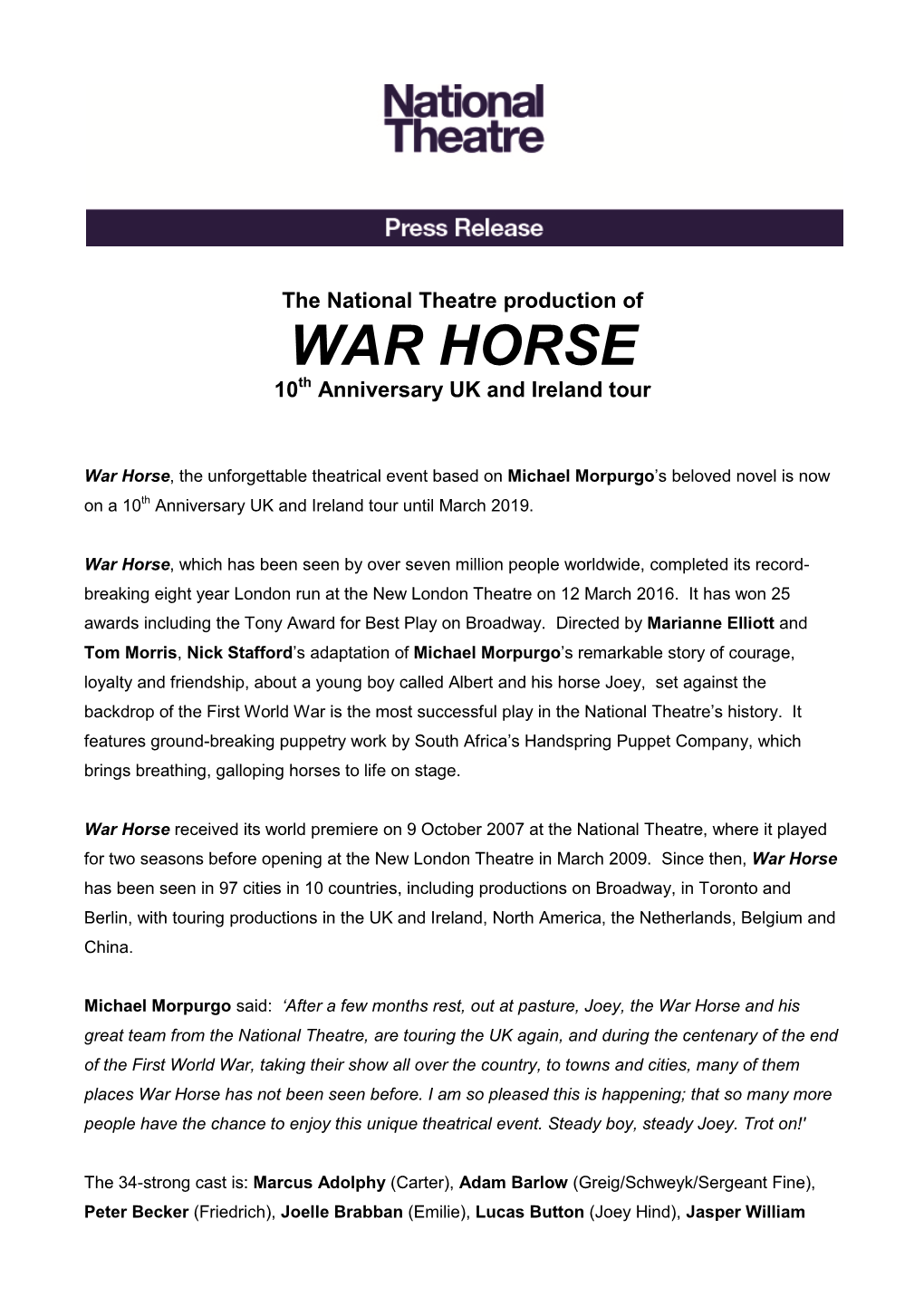 WAR HORSE 10Th Anniversary UK and Ireland Tour