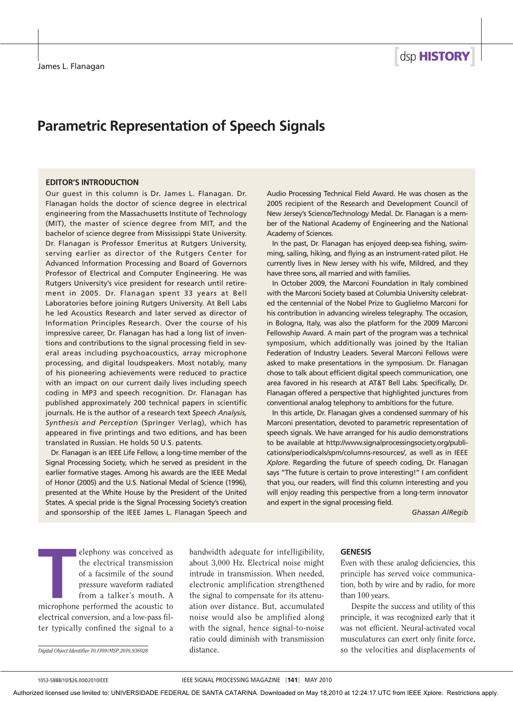 Parametric Representation of Speech Signals