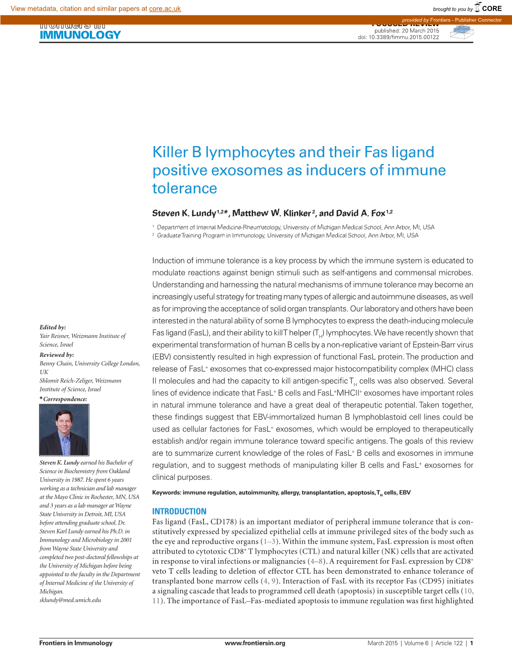 Killer B Lymphocytes and Their Fas Ligand Positive Exosomes As Inducers of Immune Tolerance