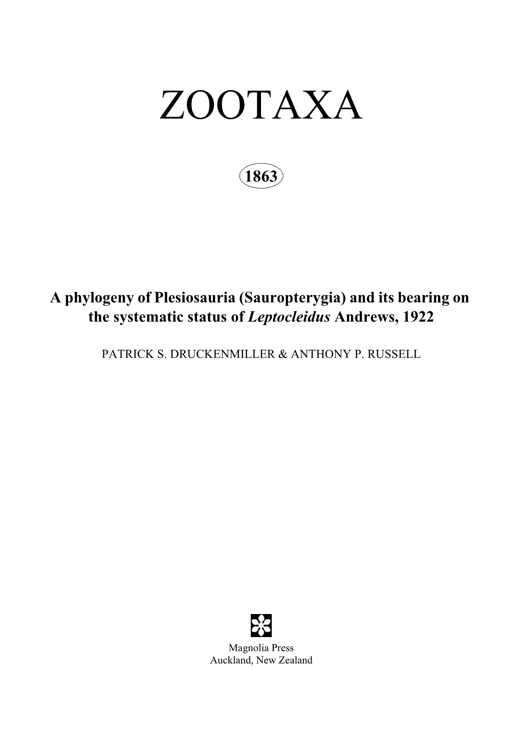 Zootaxa, a Phylogeny of Plesiosauria (Sauropterygia)