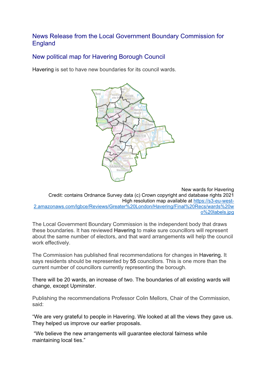 News Release from the Local Government Boundary Commission for England