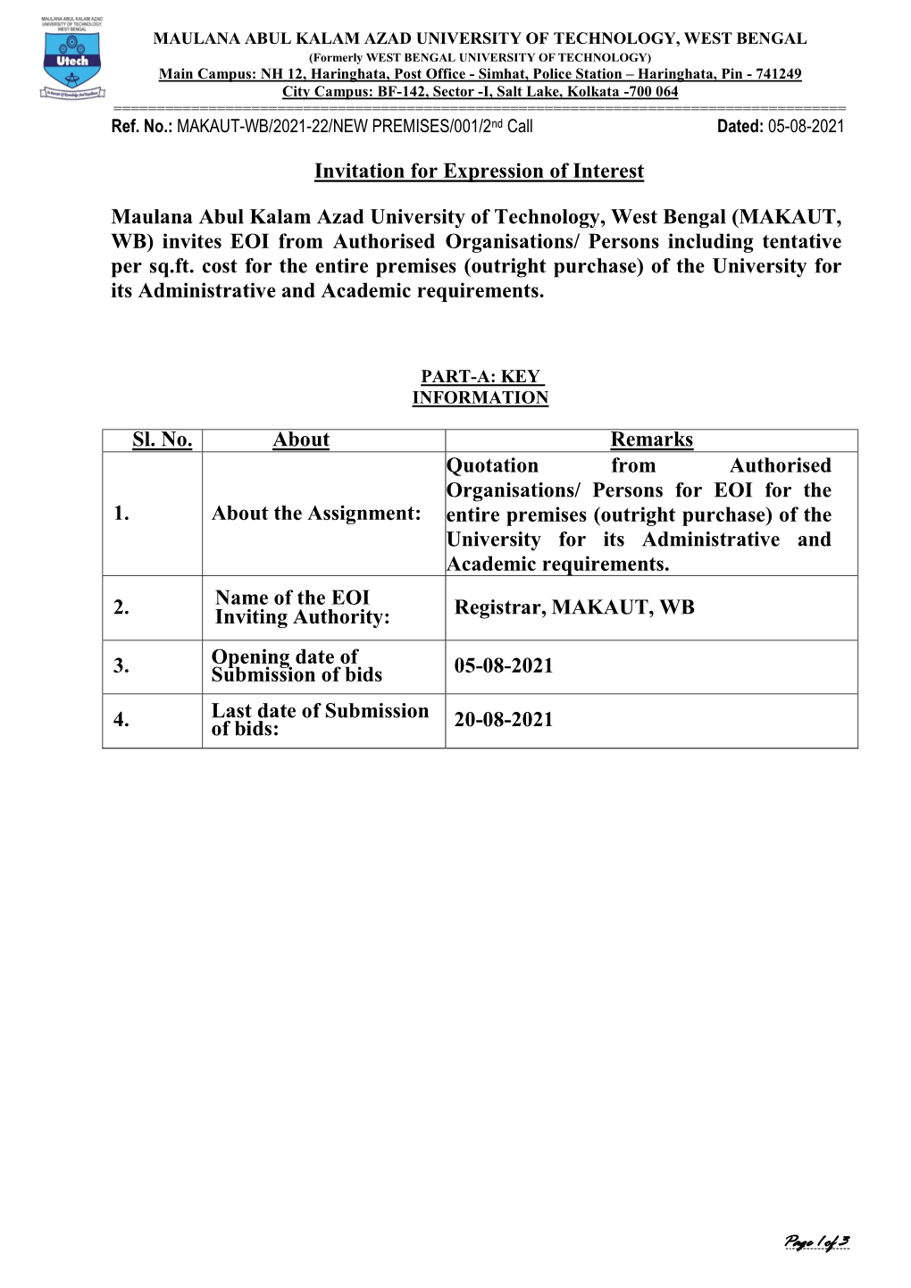 (MAKAUT, WB) Invites EOI from Authorised Organisations/ Persons Including Tentative Per Sq.Ft