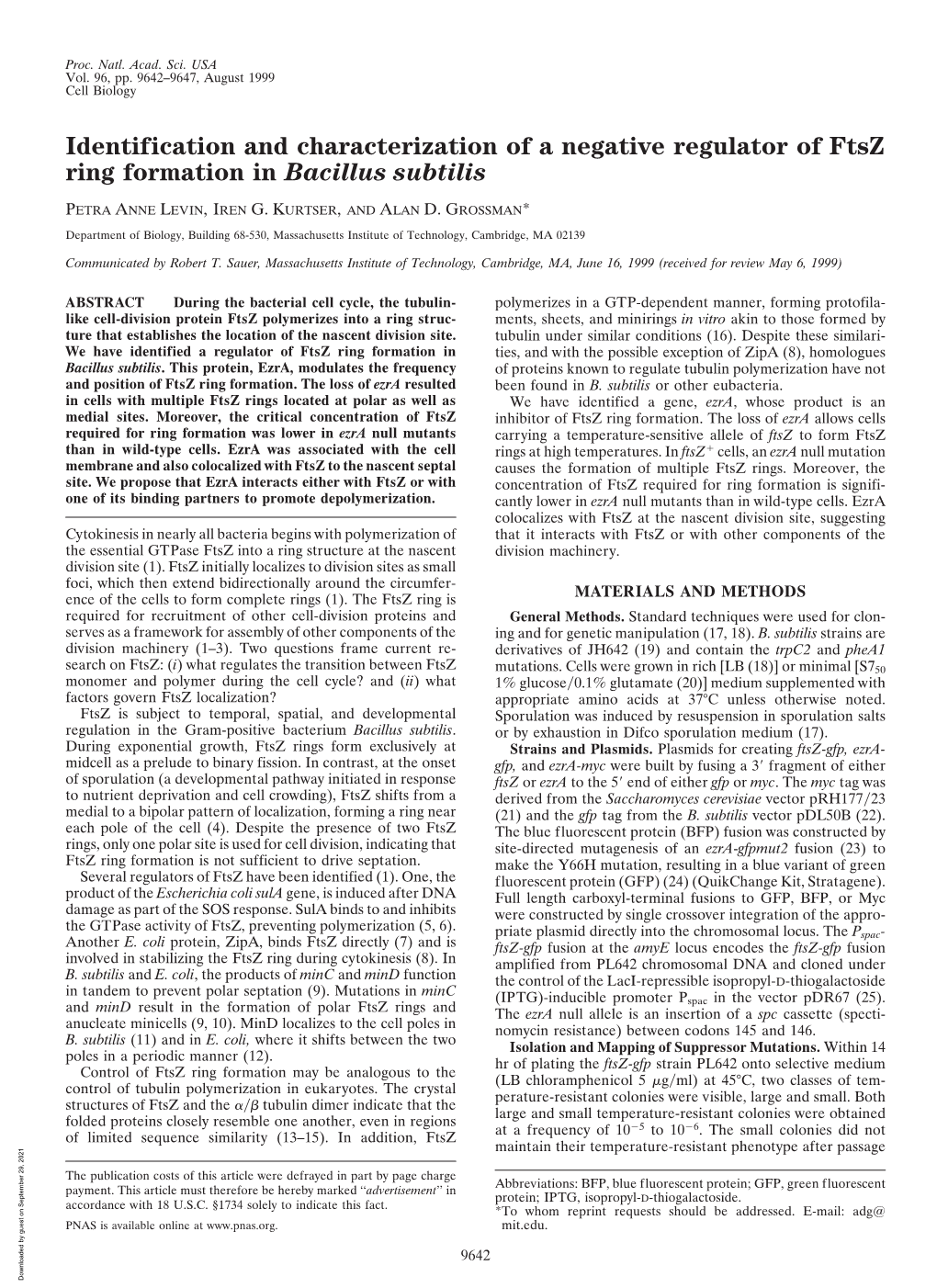 Identification and Characterization of a Negative Regulator of Ftsz Ring Formation in Bacillus Subtilis