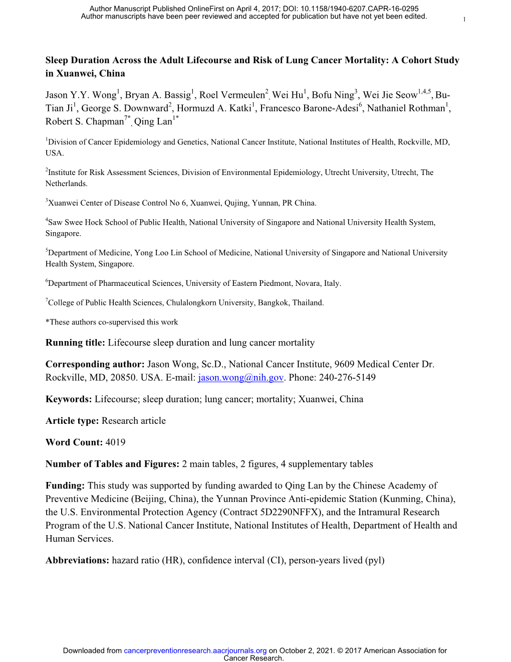 Sleep Duration Across the Adult Lifecourse and Risk of Lung Cancer Mortality: a Cohort Study in Xuanwei, China