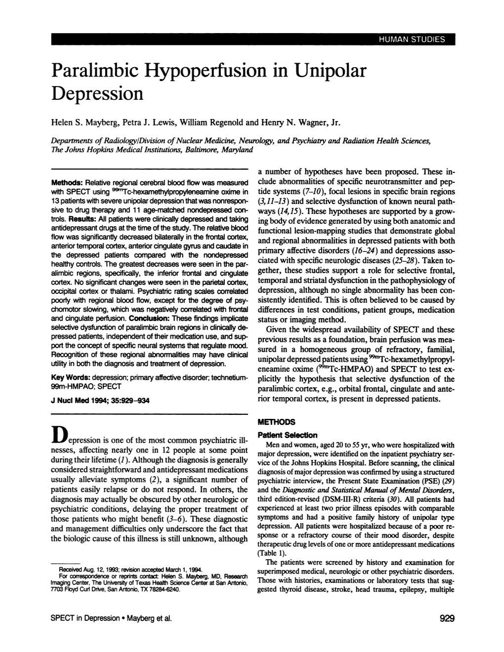 Paralimbichypoperfusion in Unipolar Depression