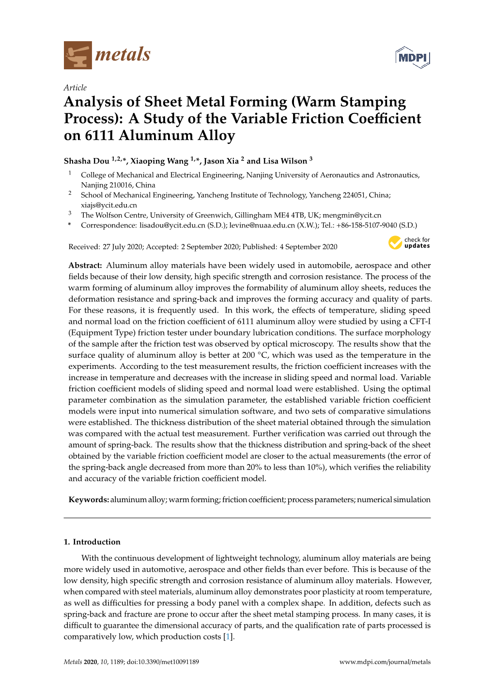 Analysis of Sheet Metal Forming (Warm Stamping Process): a Study of the Variable Friction Coeﬃcient on 6111 Aluminum Alloy