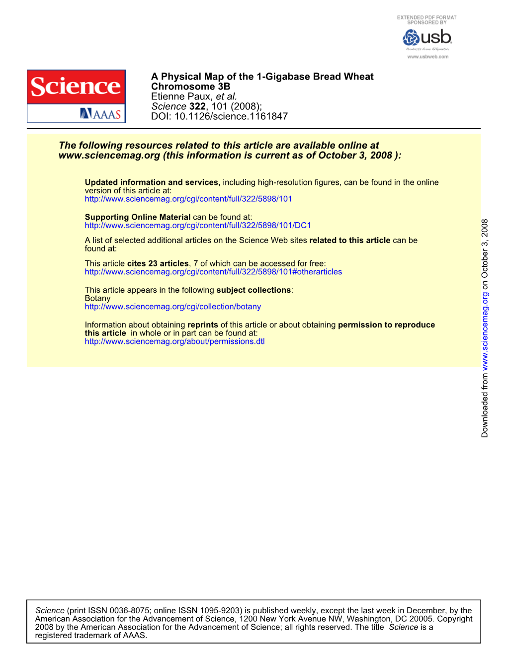 A Physical Map of the 1-Gigabase Bread Wheat Chromosome 3B Etienne Paux, Et Al