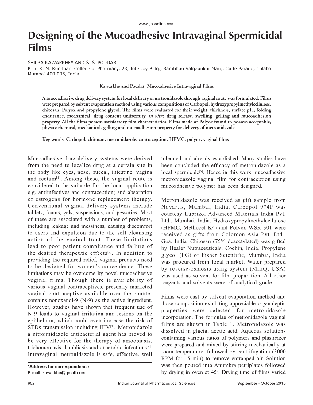 Designing of the Mucoadhesive Intravaginal Spermicidal Films