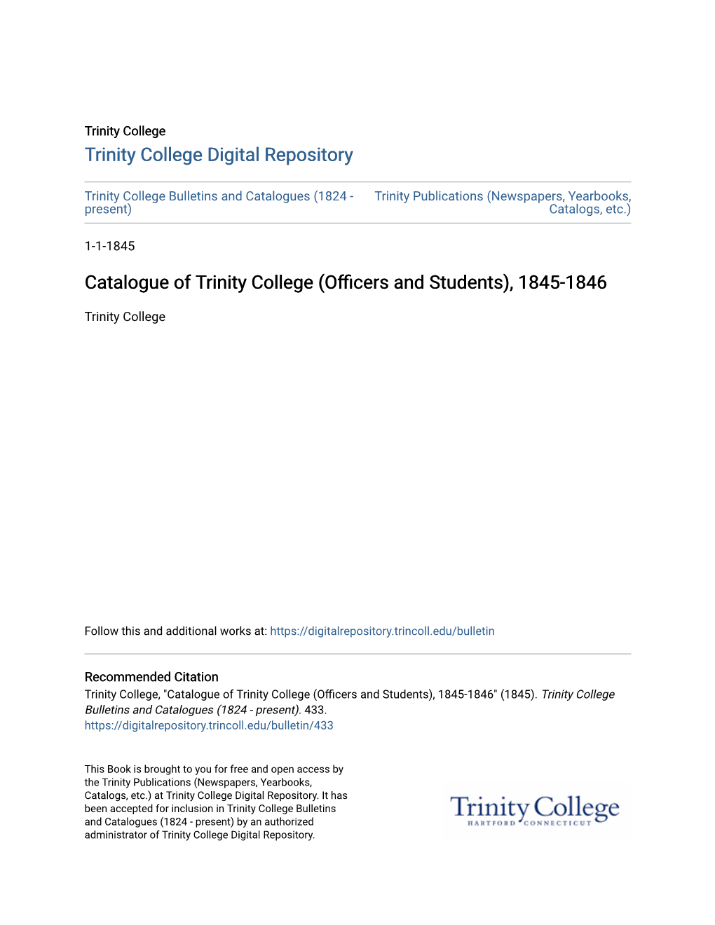 Catalogue of Trinity College (Officers and Students), 1845-1846