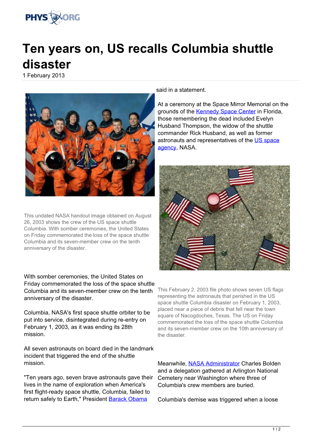 Ten Years On, US Recalls Columbia Shuttle Disaster 1 February 2013