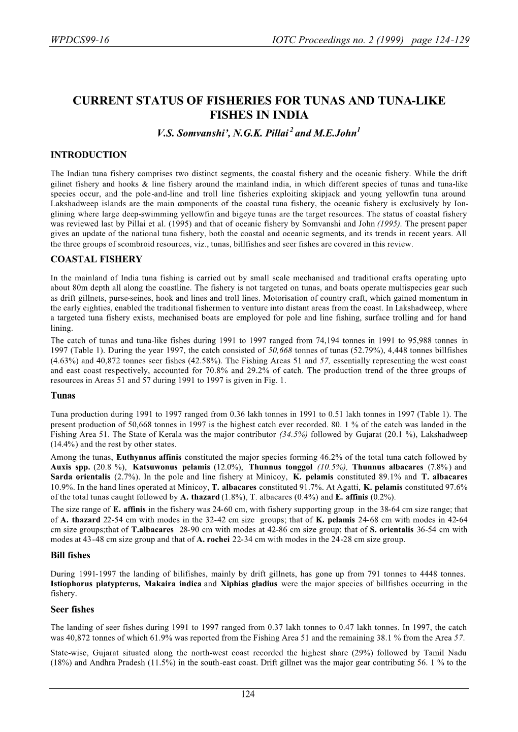 Current Status of Fisheries for Tunas and Tuna-Like Fishes in India V.S