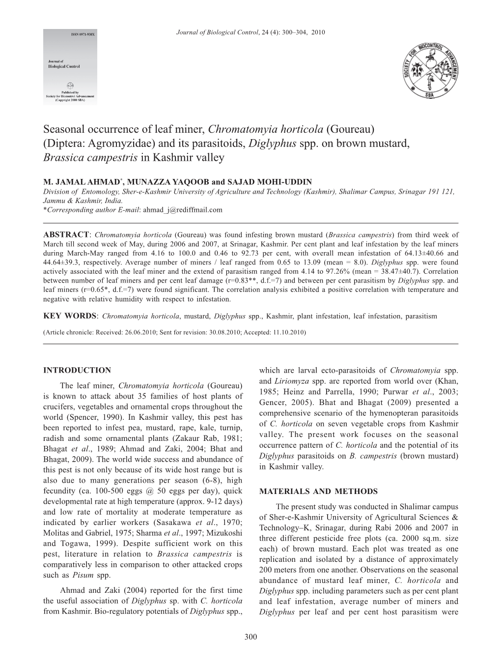 Seasonal Occurrence of Leaf Miner, Chromatomyia Horticola (Goureau) (Diptera: Agromyzidae) and Its Parasitoids, Diglyphus Spp