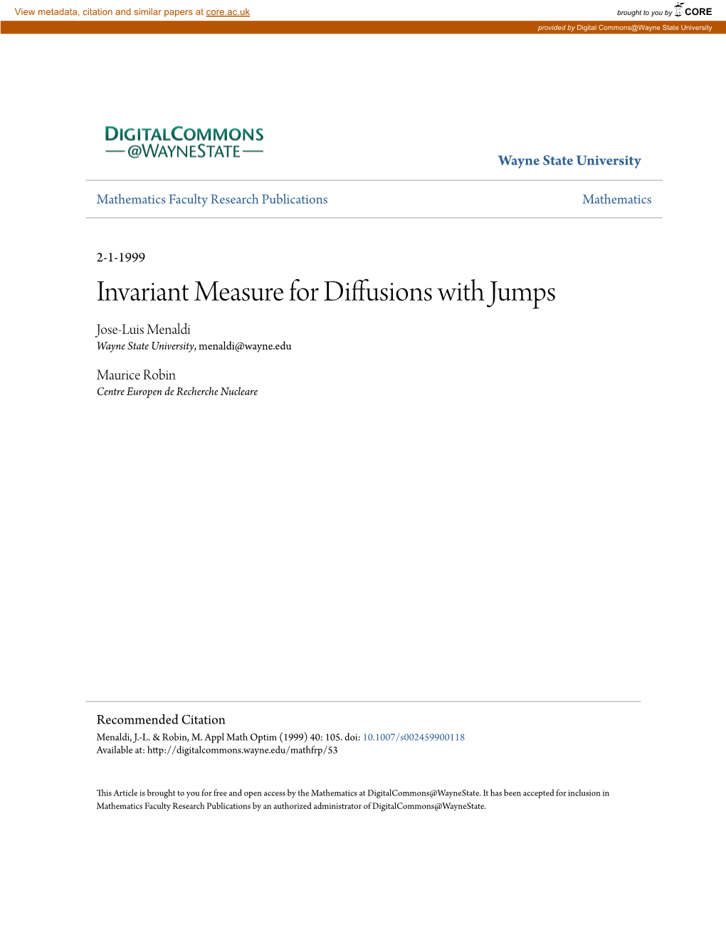 Invariant Measure for Diffusions with Jumps Jose-Luis Menaldi Wayne State University, Menaldi@Wayne.Edu