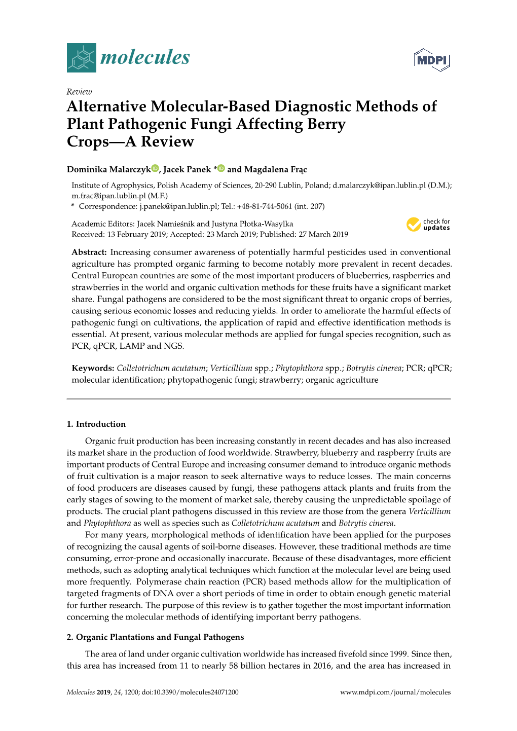 Alternative Molecular-Based Diagnostic Methods of Plant Pathogenic Fungi Affecting Berry Crops—A Review