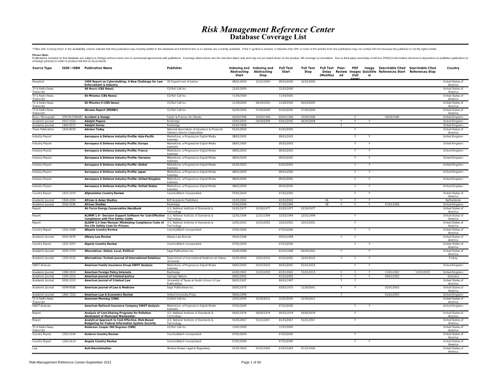 Risk Management Reference Center Database Coverage List