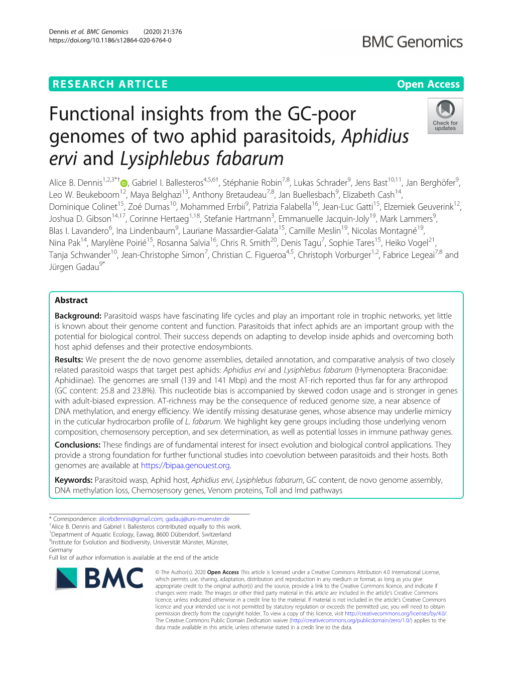 Functional Insights from the GC-Poor Genomes of Two Aphid Parasitoids, Aphidius Ervi and Lysiphlebus Fabarum Alice B