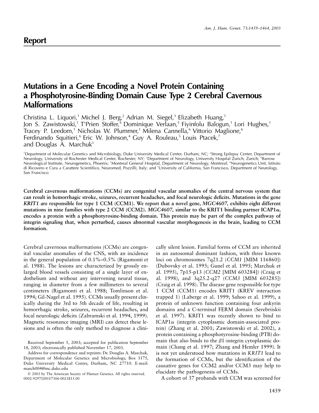 Report Mutations in a Gene Encoding a Novel Protein Containing A