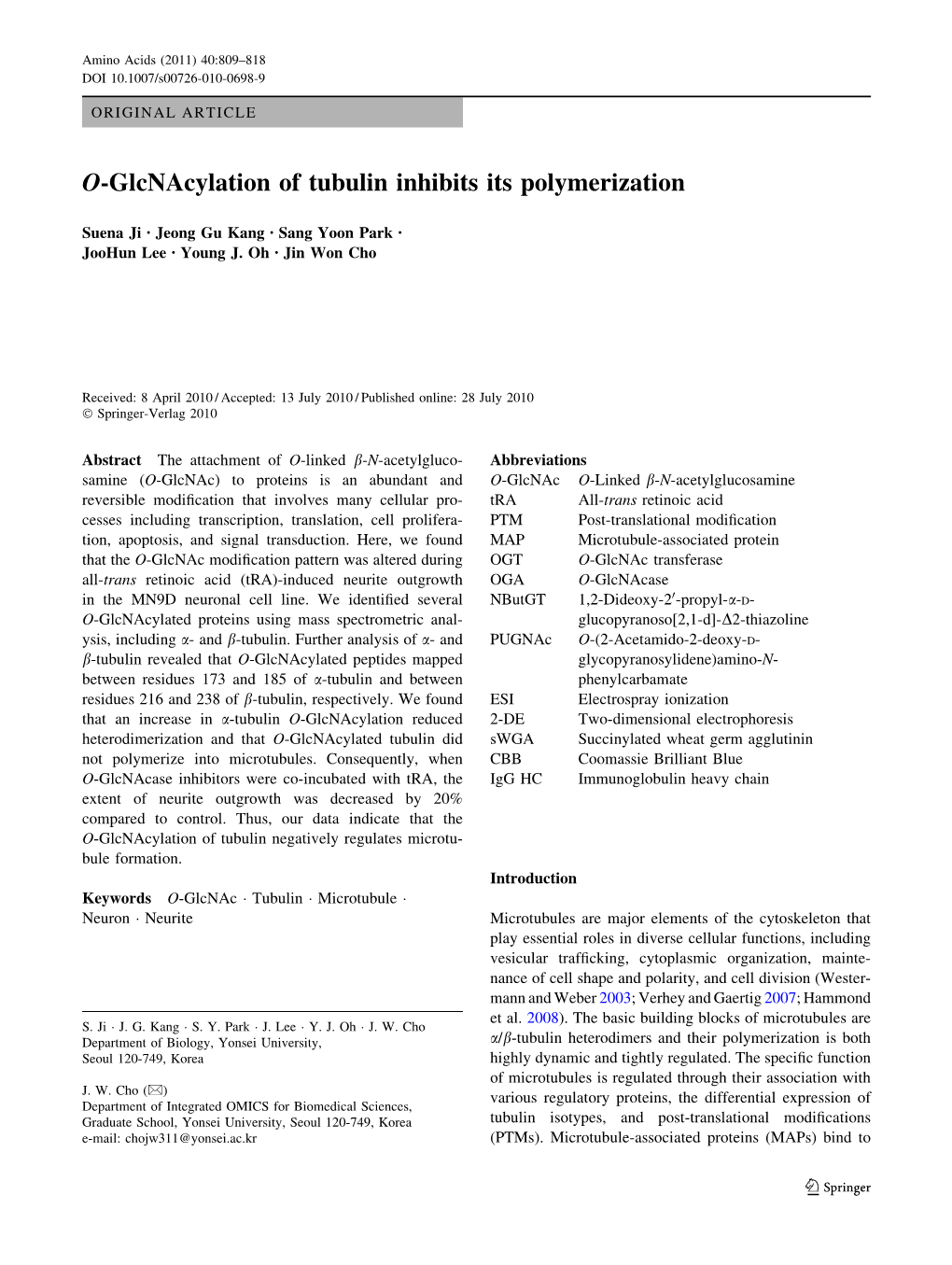 O-Glcnacylation of Tubulin Inhibits Its Polymerization