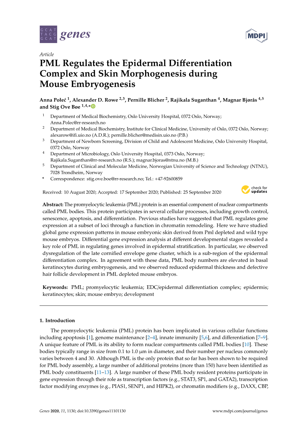 PML Regulates the Epidermal Differentiation Complex and Skin