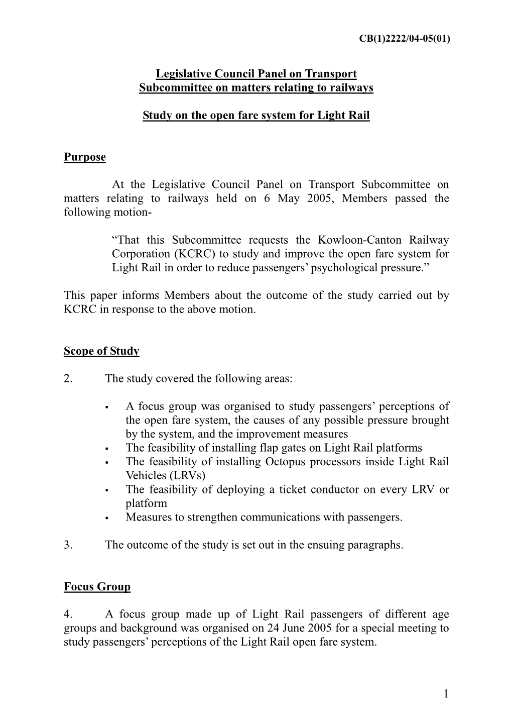 1 Legislative Council Panel on Transport Subcommittee on Matters