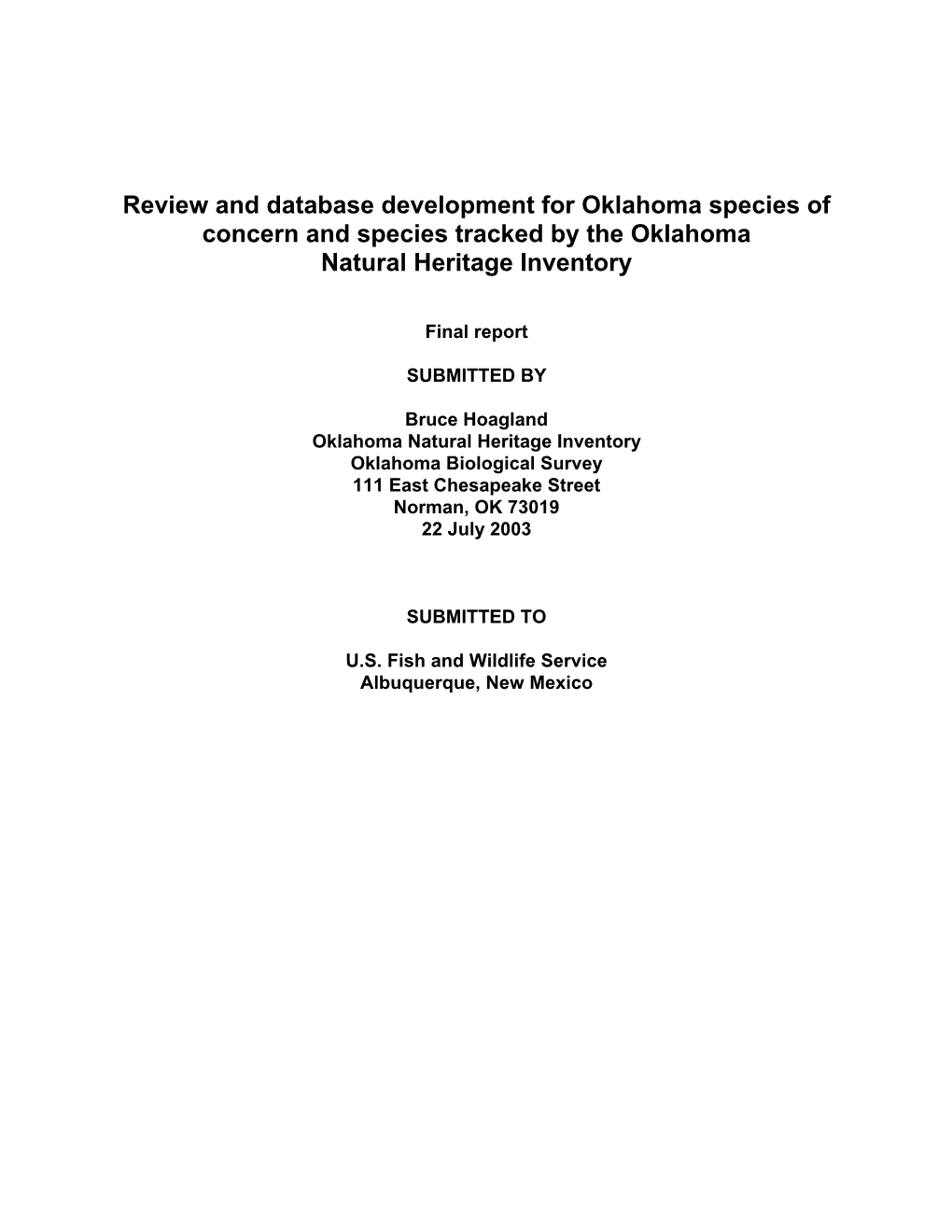 Review and Database Development for Oklahoma Species of Concern and Species Tracked by the Oklahoma Natural Heritage Inventory