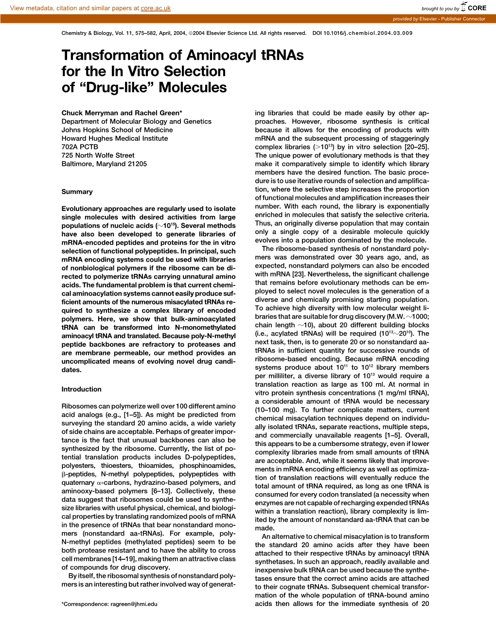 Transformation of Aminoacyl Trnas for the in Vitro Selection of “Drug-Like” Molecules