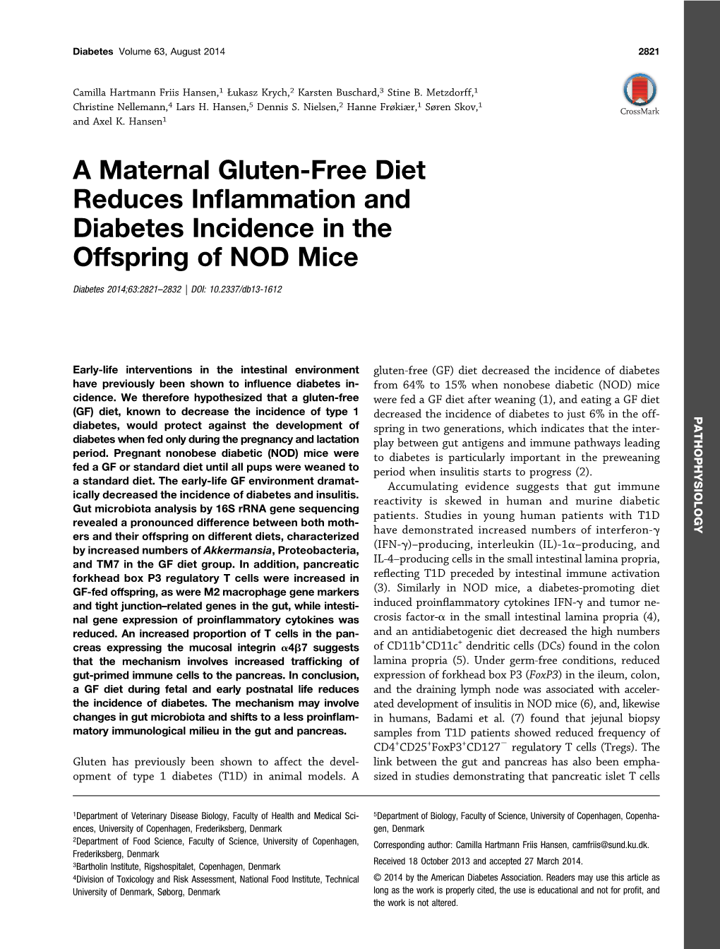 A Maternal Gluten-Free Diet Reduces Inflammation and Diabetes
