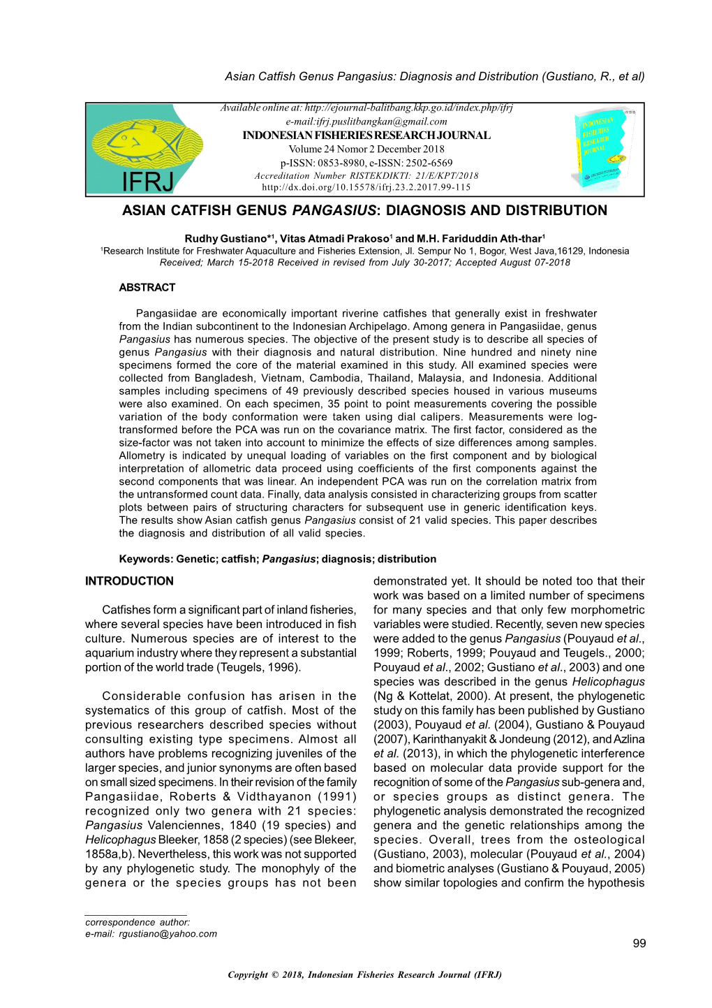 Asian Catfish Genus Pangasius: Diagnosis and Distribution (Gustiano, R., Et Al)