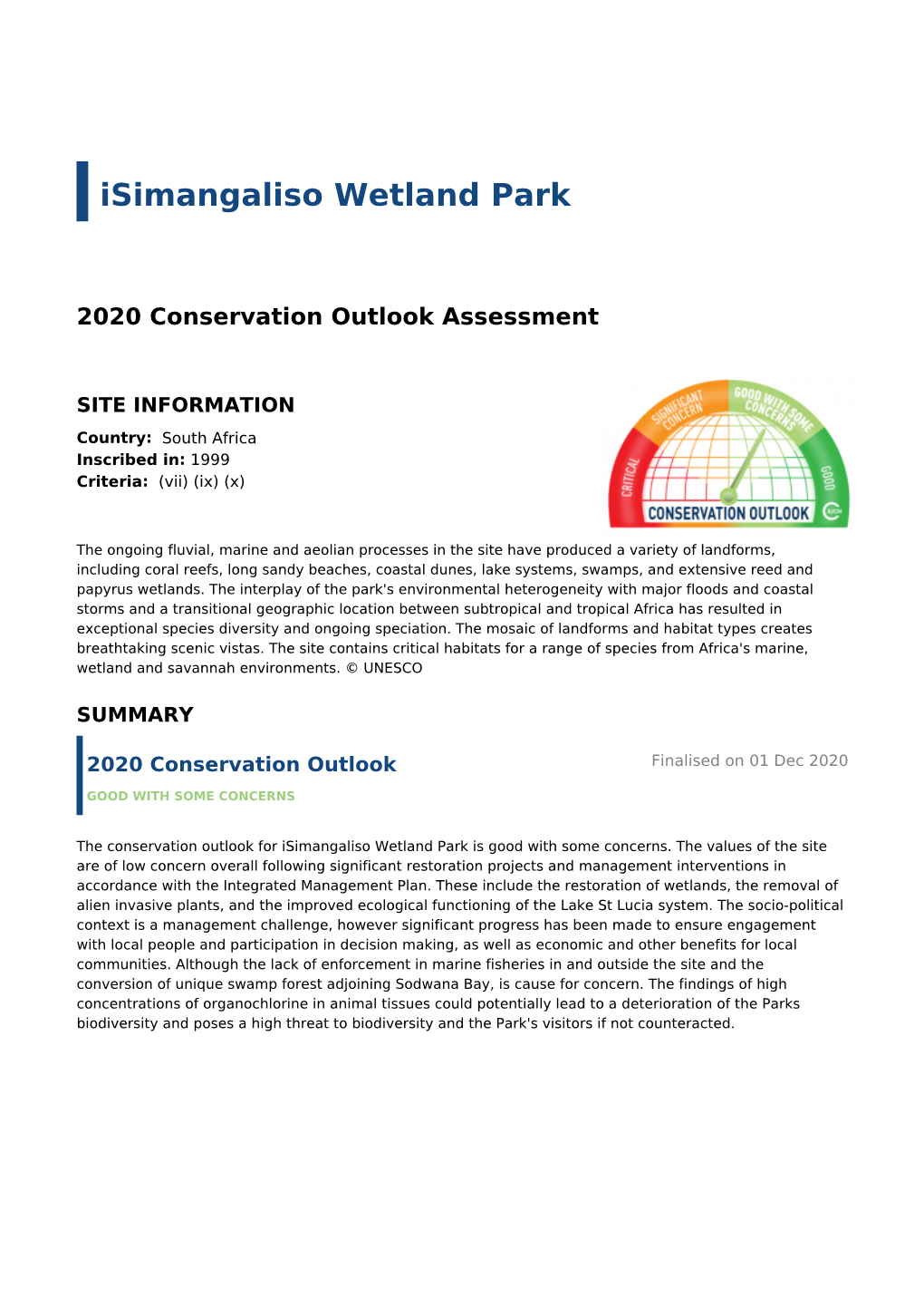 Isimangaliso Wetland Park - 2020 Conservation Outlook Assessment