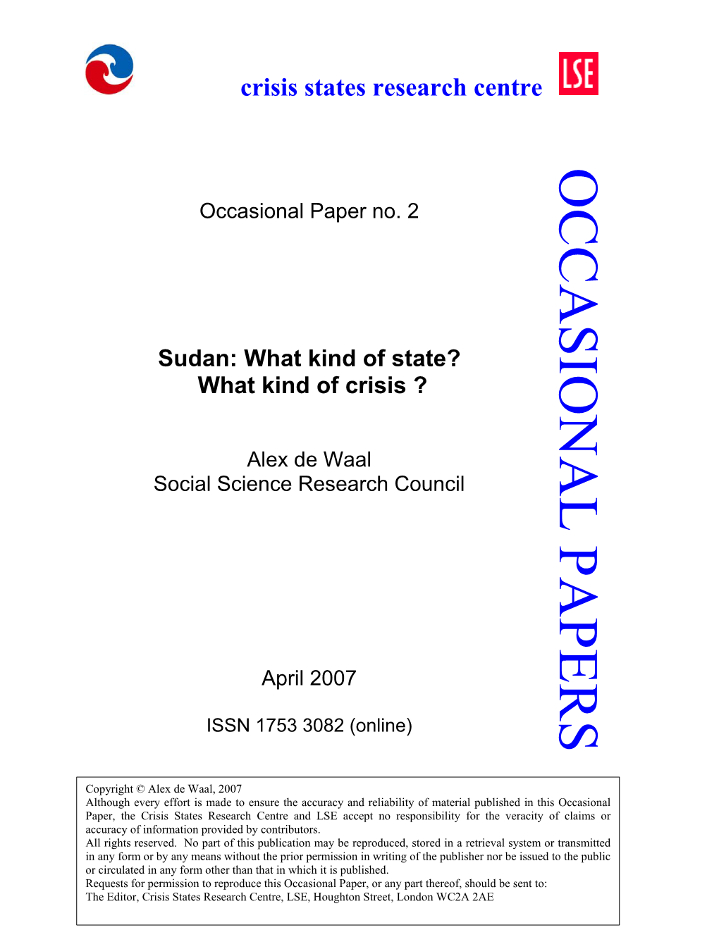 Sudan: What Kind of State? What Kind of Crisis?