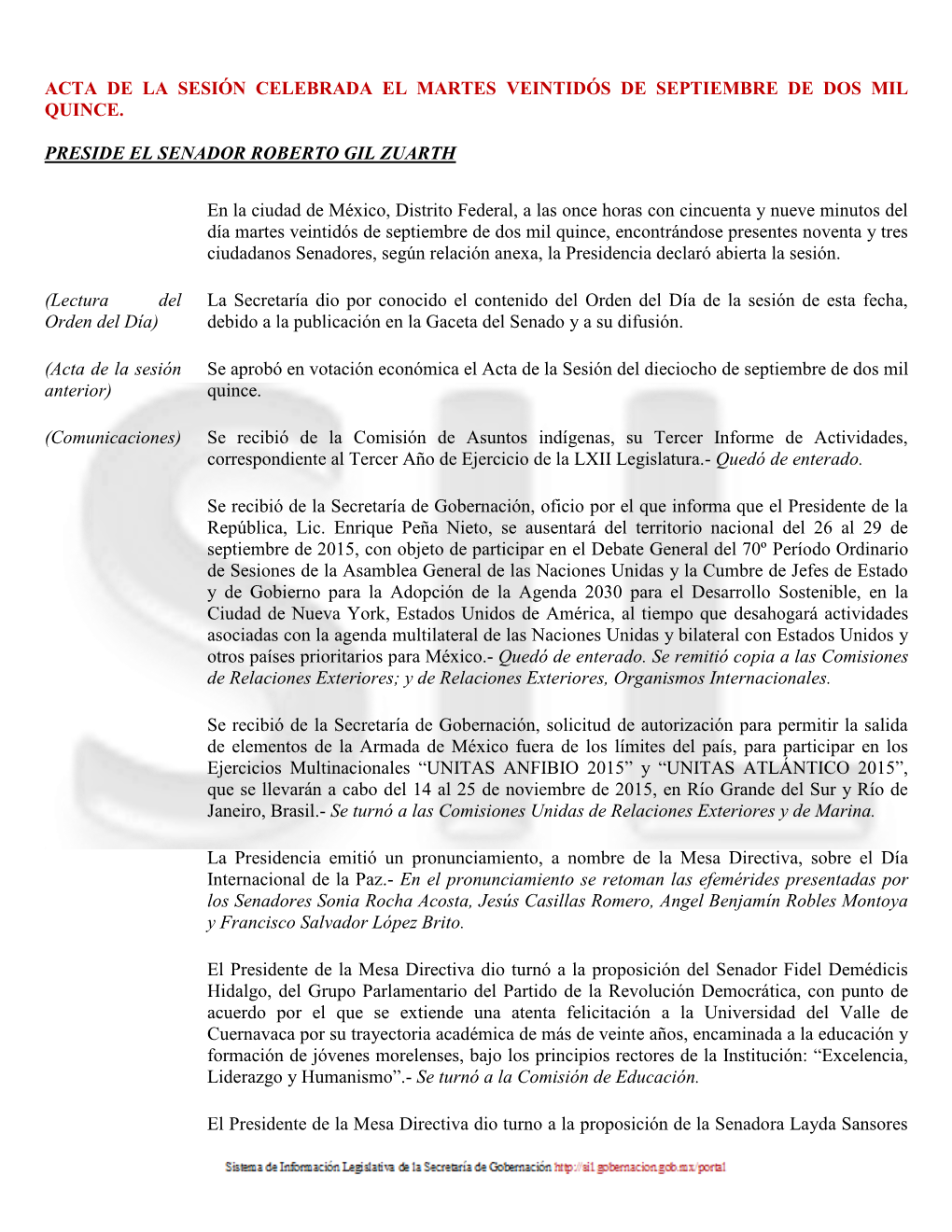 Acta De La Sesión Celebrada El Martes Veintidós De Septiembre De Dos Mil Quince