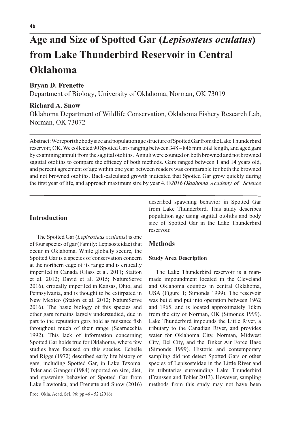 Age and Size of Spotted Gar (Lepisosteus Oculatus) from Lake Thunderbird Reservoir in Central Oklahoma Bryan D