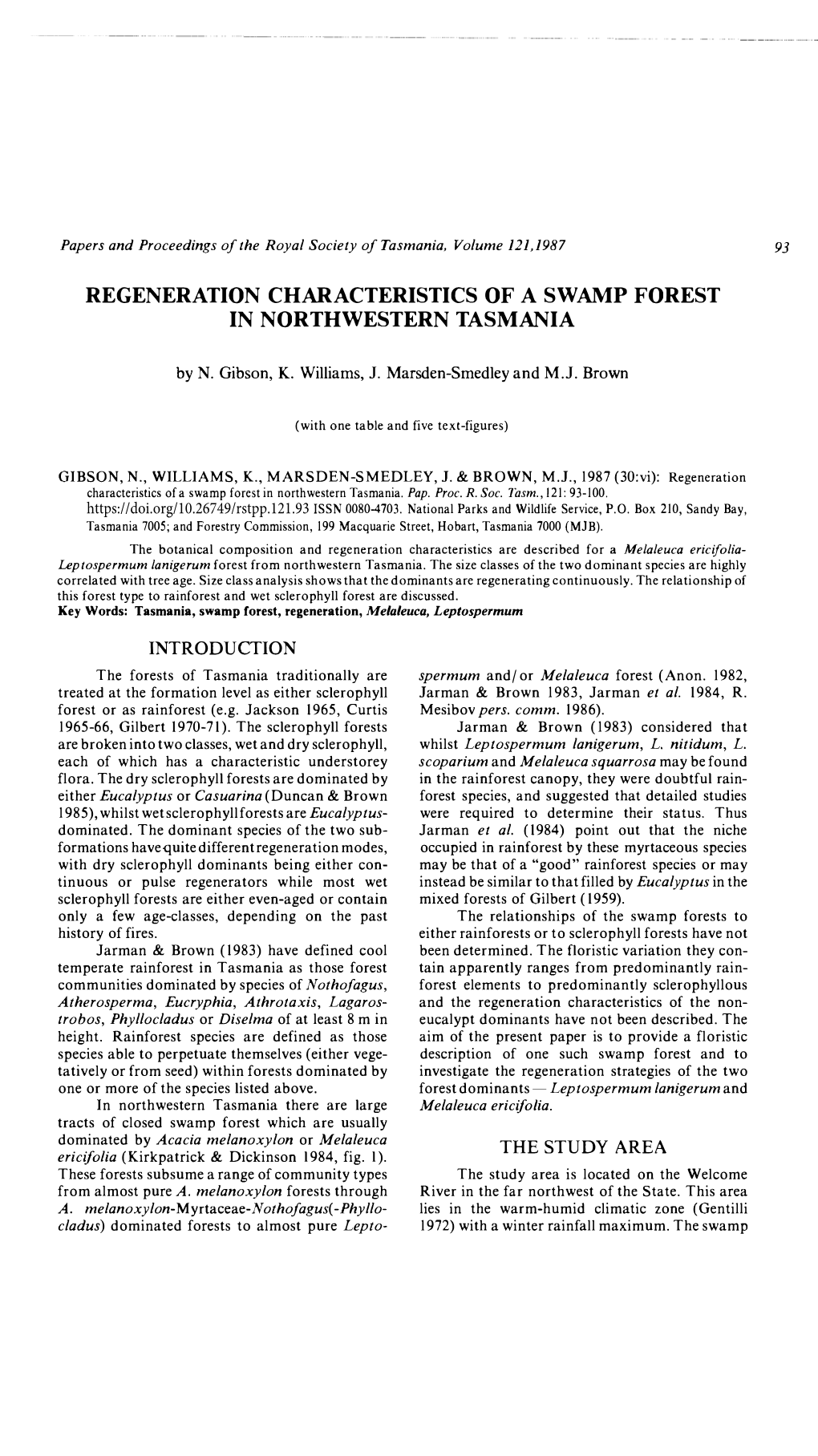 Regeneration Characteristics of a Swamp Forest in Northwestern Ta Smania