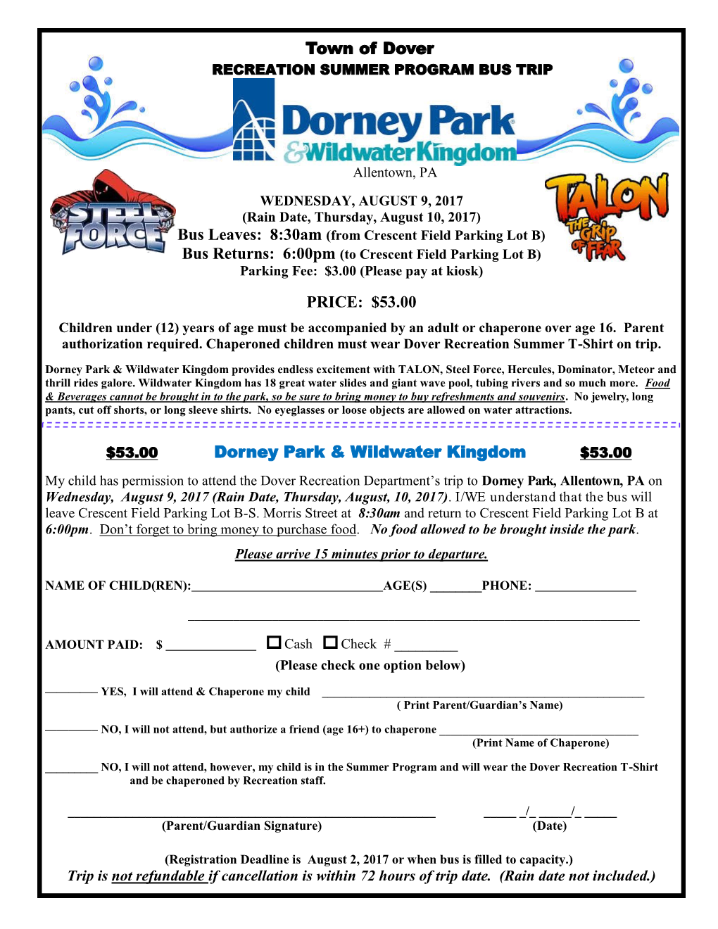 Town of Dover PRICE: $53.00 Dorney Park & Wildwater Kingdom