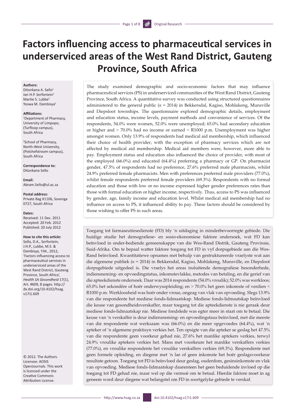 Factors Influencing Access to Pharmaceutical Services in Underserviced Areas of the West Rand District, Gauteng Province, South Africa