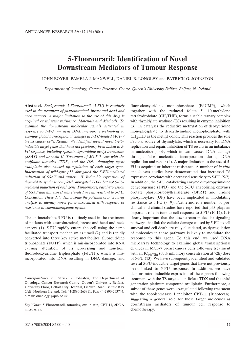 5-Fluorouracil: Identification of Novel Downstream Mediators of Tumour Response