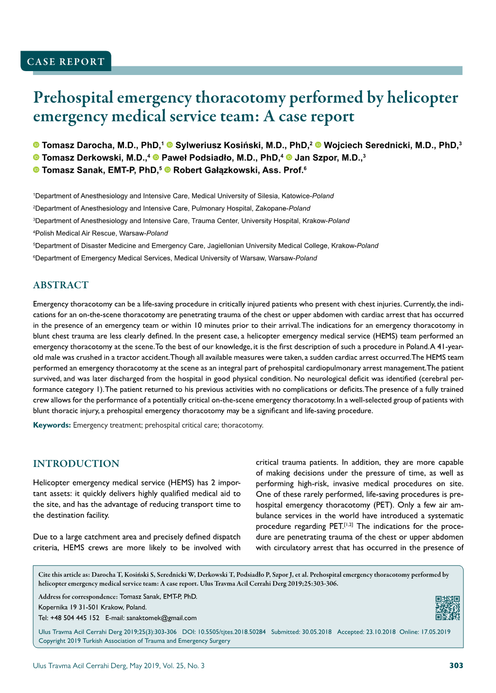Prehospital Emergency Thoracotomy Performed by Helicopter Emergency Medical Service Team: a Case Report