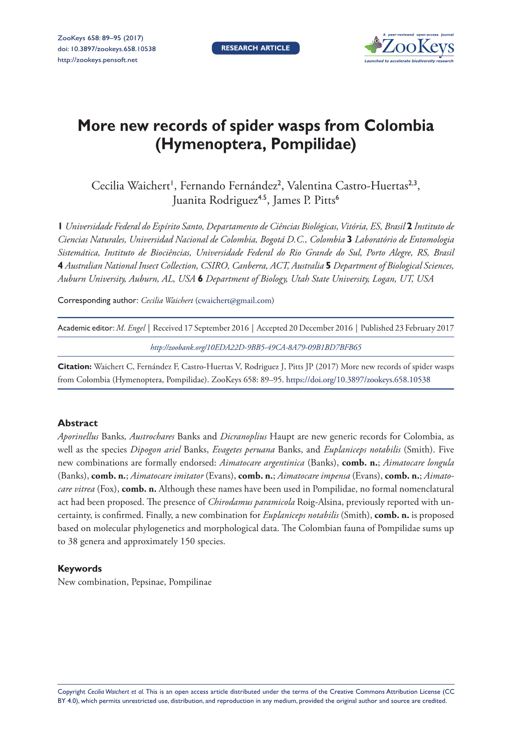 New Records of Spider Wasps from Colombia (Hymenoptera, Pompilidae)