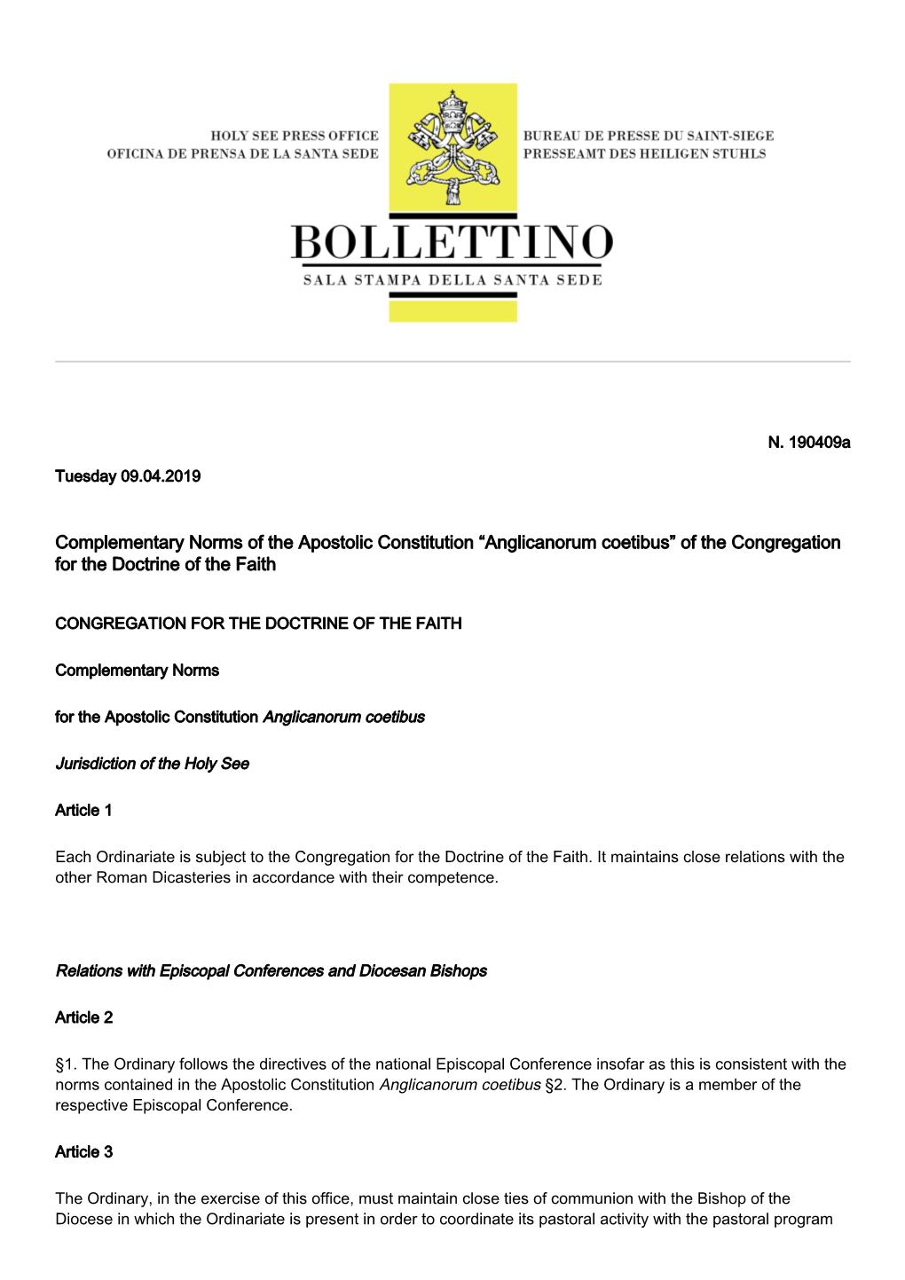 Complementary Norms of the Apostolic Constitution “Anglicanorum Coetibus” of the Congregation for the Doctrine of the Faith