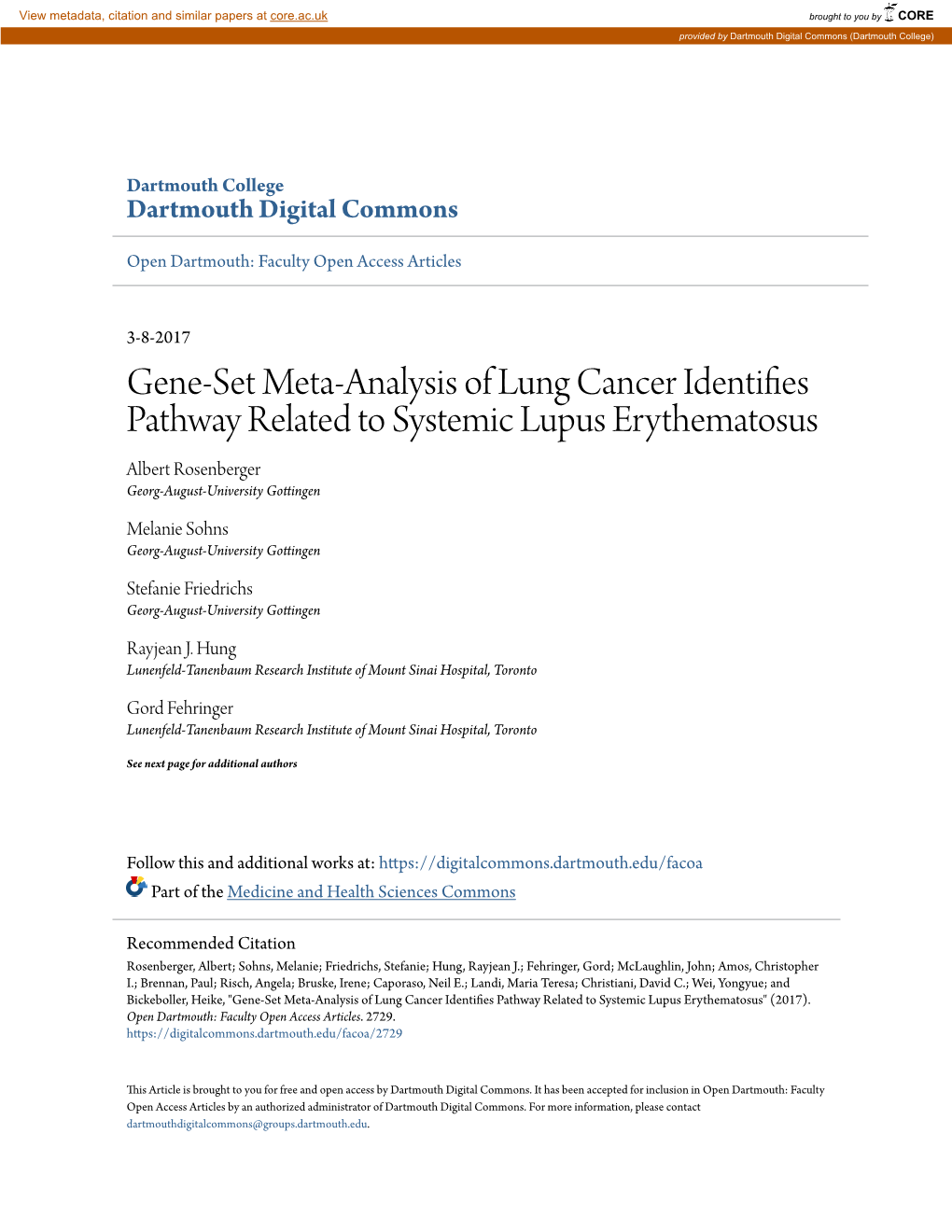 Gene-Set Meta-Analysis of Lung Cancer Identifies Pathway Related to Systemic Lupus Erythematosus Albert Rosenberger Georg-August-University Gottingen