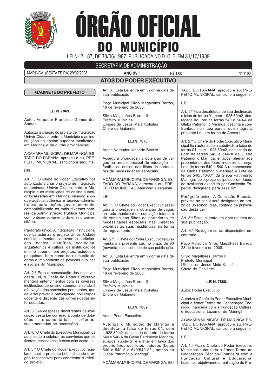 Órgão Oficial Do Município Lei Nº 2.187, De 30/06/1987, Publicada No D