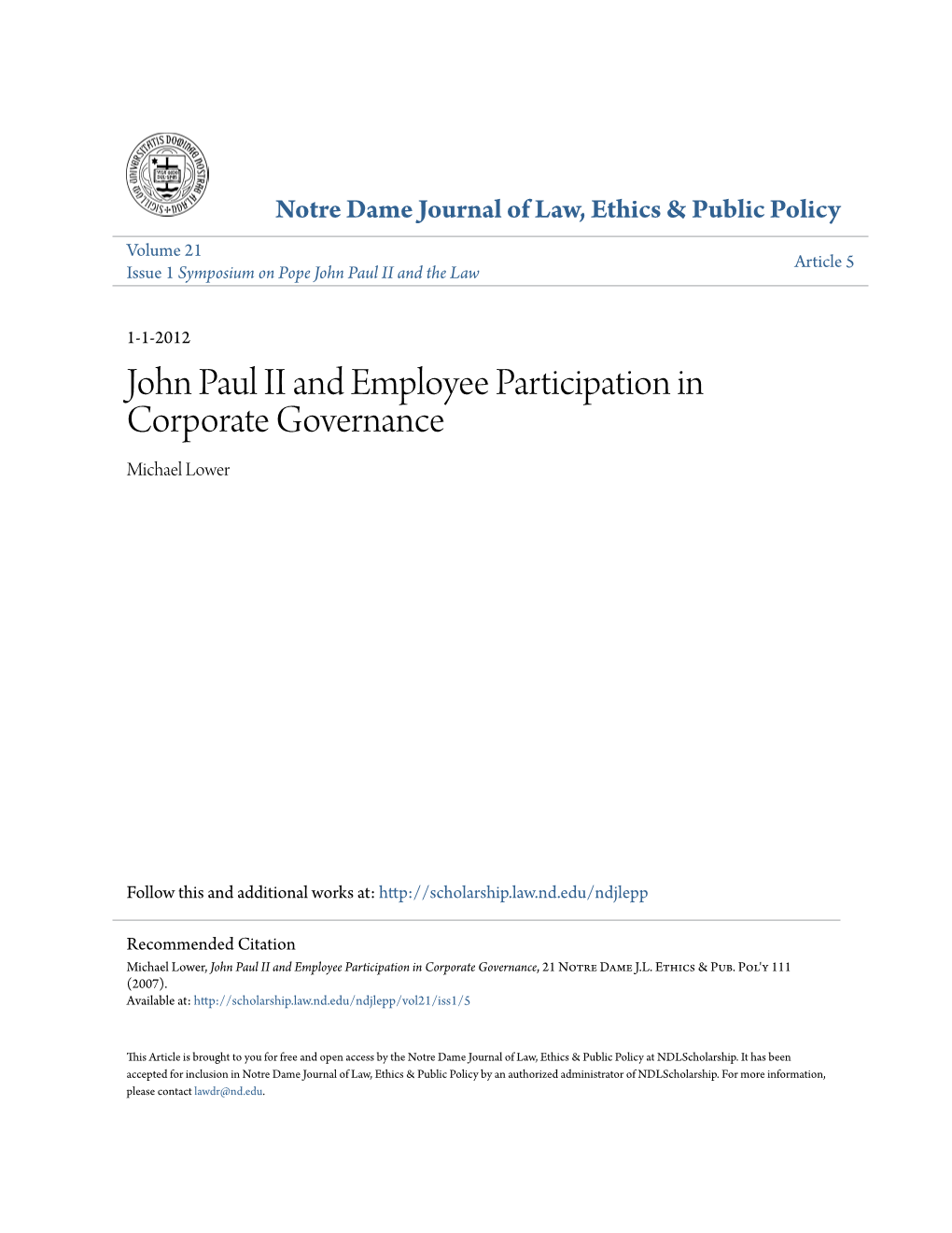 John Paul II and Employee Participation in Corporate Governance Michael Lower